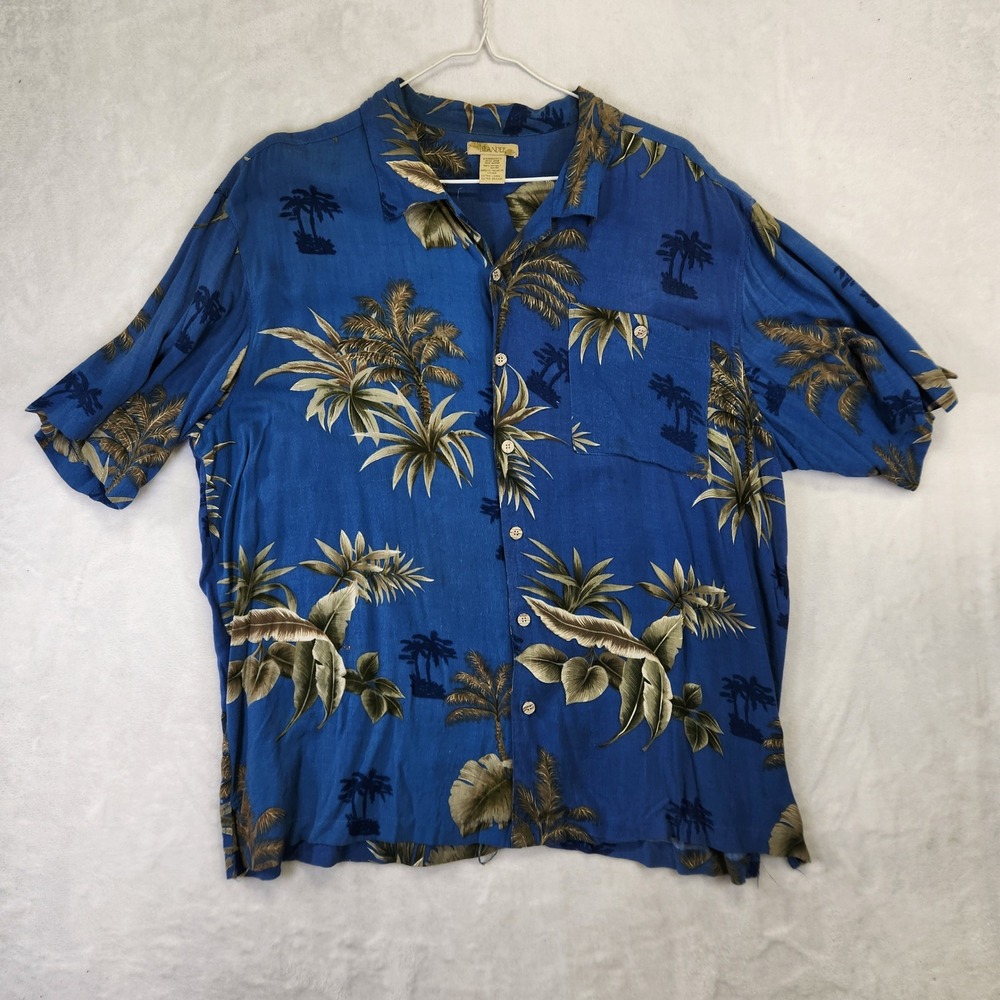Islander Mens XL Blue Tropical Palm Tree Print Rayon Short Sleeve Button Down